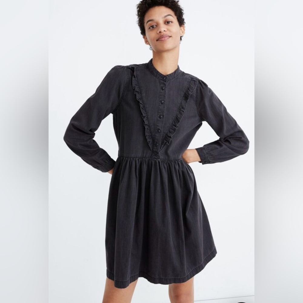 Madewell Black Denim Mini Dress w Feminine Ruffled-Yoke & Babydoll Silhouette
